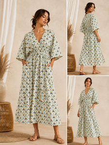 Vestido Maxi Estampado Floral Verde con Cuello en V y Manga 3/4, Ajuste Holgado, Estilo Bohemio Casual de Verano para Mujer, Lavable Digitalmente, Cintura Natural - Product Image 6