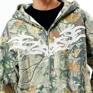 Y2K Style Men <b>Oversized</b> Zip Up Tree Camo <b>Hoodies</b> Custom Applique Patch Embroidery Heavyweight <b>Fleece</b> Streetwear <b>Hoodies</b> - Product Image 3