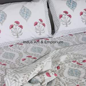 Sanganeri indien fait à la main bloc de draps imprimés ensembles de literie drap de lit avec taie d'oreiller - Product Image 3