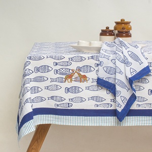 Vente en gros de nappe en coton brodé Bloc à la main Imprimé poisson bleu Style bohème Fêtes de mariage Couverture de table réutilisable - Product Image 3