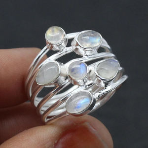Design à la mode naturel arc-en-ciel pierre de lune anneau 925 solide en argent Sterling estampillé à la main bohème mode bijoux anxiété anneaux - Product Image 4