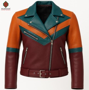 Blouson aviateur en cuir synthétique à blocs de couleur, style rétro décontracté pour l'hiver, couleur sarcelle et bordeaux, fermeture éclair, col mandarin, service OEM - Product Image 1