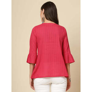 Haut décontracté en coton respirant pour femme avec broderie ethnique, col à nouer et manches cloche, design froncé - Product Image 4