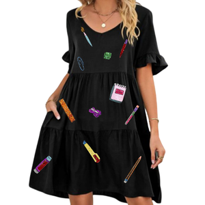 Nuevo vestido de regreso a la escuela para mujer, cuello vuelto, color lavanda, informal, verano, Vestido corto con mangas abullonadas - Product Image 5