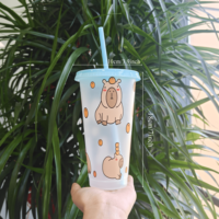 Gobelet en plastique transparent de 24 oz avec couvercle, réutilisable, pour café glacé, imprimé animaux mignons, vaisselle de voyage, vente en gros personnalisée