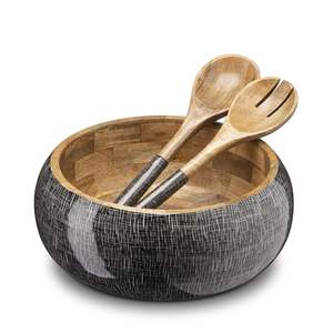 Bol à salade en bois de manguier au design classique cuillère Table à manger haute décorative bol en bois imprimé en émail multicolore poli HF - Product Image 3