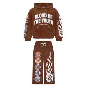 OEM Custom Mens 100% Cotton Oversized Boxy Sweatsuit Distressed Patch Embroidery Hoodie & Sweatpants - Product Image 4