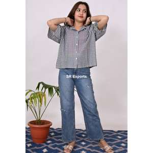 Femmes Designer coton lin Handloom Blouse motif à carreaux tenue de cérémonie pour le bureau saison d'été décontracté coupe ample bouton - Product Image 4