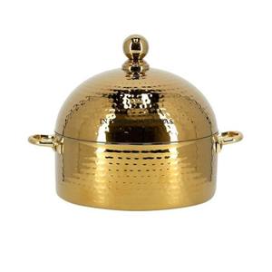 Casserole en métal robuste de forme ronde extérieure finie en émail de couleur verte avec couvercle supérieur à texture martelée plaqué or d'Inde - Product Image 4