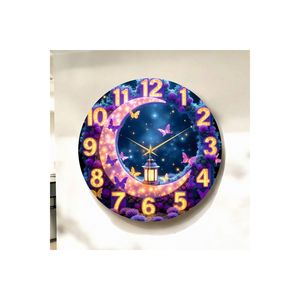 50cm Silent Wall <b>Clock</b> with <b>LED</b> Look Color Printing Wooden Gift Featuring Crescent and Butterfly Pattern - Product Image 2