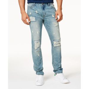 กางเกงยีนส์ผู้ชาย American Rag รุ่นวินเทจ สีน้ำเงินฟอกแบบ Distressed แต่งลายปะติดกลางตัวแบบ Stonewashed ทรงตรง ไซส์ 31x32 ผ้าเดนิมถักสำหรับฤดูหนาว - Product Image 1