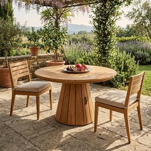 <b>Outdoor</b> Solid Teak Wood <b>Round</b> Dining Set Fluted Pedestal <b>Table</b> Woven Rattan Webbing Armchairs Garden Furniture Setup Decor - Product Image 2
