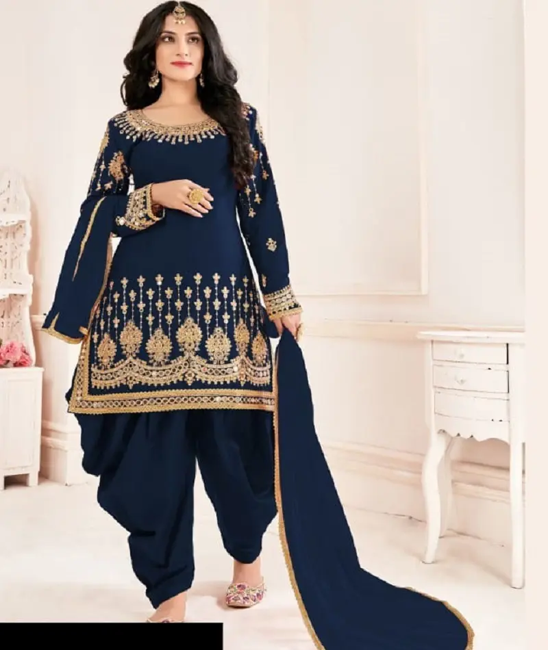 Indian Ethnic Wear Faux Georgette with Embroidery Work and Real Mirror Work Punjabi Patiyala Salwar Suit for Women Wedding Wear