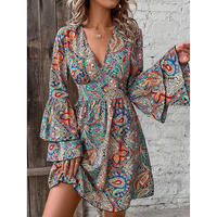 Automne nouvelle mode ethnique col en v style imprimé couches à manches longues femmes maxi robe boho chic doux fluide élégant tenue décontracté