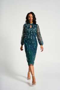 Vestido Maxi con Lentejuelas y Cuentas, Cuello Barco, Mangas Cortas, Silueta Recta, Crepé Bordado, Antiestático Natural, para Cóctel o Fiesta de Noche - Product Image 4