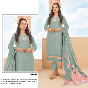 Nouveauté : Costumes pakistanais en pur coton cambric avec dupatta en chanderi brodé à la main, fermeture éclair sur 4 côtés, dentelle pour les filles, pour les fêtes et le bureau - Product Image 2