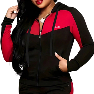 Conjunto Deportivo de Dos Piezas para Mujer, Invierno, Bloques de Color, Forro Polar, Sudadera con Capucha, Pantalones Jogger con Cierre Frontal, Ropa Deportiva Informal para Fitness y Descanso - Product Image 3