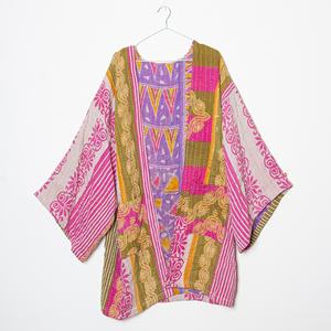 Unisex 100% Cotton Kantha <b>Kimono</b> V Neck Bathrobe Belt Hand Stitched Floral Pattern Full Length Dress for Winter - Product Image 5