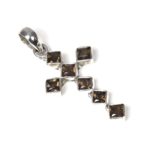 Pendentif croix en quartz fumé en argent sterling massif 925 avec réglage de lunette à facettes Novembre Mois Charme de pierre de naissance - Product Image 1