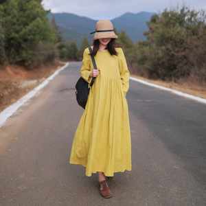 Robes pour femmes pour l'automne avec poche, robe en coton à manches longues, vêtements grande taille, robe maxi à col rond, décontractée, ample, robe personnalisée - Product Image 4
