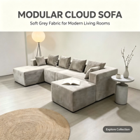 Canapé modulaire en forme de U gris clair moderne, trois places, en velours côtelé, design profil bas, avec coussins décoratifs, pour salon