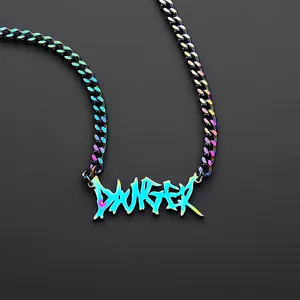 Collana Punk <span class=keywords><strong>Rock</strong></span> pericolo per uomo collana con ciondolo pericolo gotico Color arcobaleno lucido con catena cubana Miami regalo per lui - Product Image 6