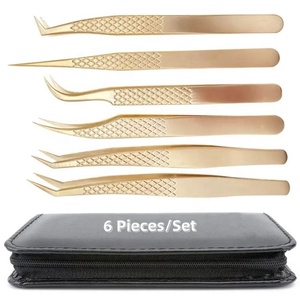 Ensemble professionnel de 6 pinces à épiler pour extensions de cils en acier inoxydable plaqué or, avec différentes pointes, kit de préhension parfaite - Product Image 1