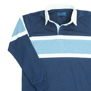 Polo en tricot à manches longues bleu marine pour homme avec motif rayé bleu clair et blanc, coupe décontractée et sportive - Product Image 5