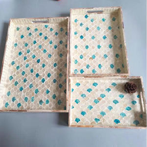 Plateau de service en bambou en gros, fait à la main, écologique, en paille tressée, en rotin, incrustation de nacre - Product Image 2