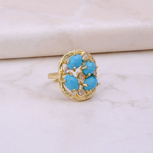 Bagues en pierre précieuse turquoise bleue plaquées or, sertissage à griffes, ovale, pierre de naissance de décembre, réglable, tendance, lot en vrac, fournitures de bijoux - Product Image 6