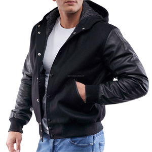 Veste bomber universitaire rétro unisexe de qualité supérieure, coupe-vent, à capuche, patchwork, corps en laine, manches en similicuir, style Letterman, pour équipes universitaires - Product Image 3