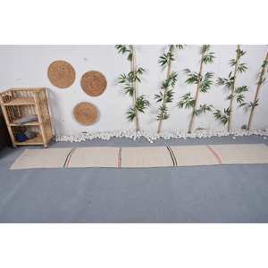 Tapis traditionnel en laine Beige rayé 1.7X10.9 pieds fait à la main en peluche Latex support salle à manger abstrait Patchwork motif Eco - Product Image 1