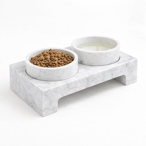 Heavy non slip new Modern white marble <b>dog</b> and cat feeding <b>bowl</b> with flat stone base luxury pet food and water <b>bowl</b> <b>set</b> for home - Product Image 3