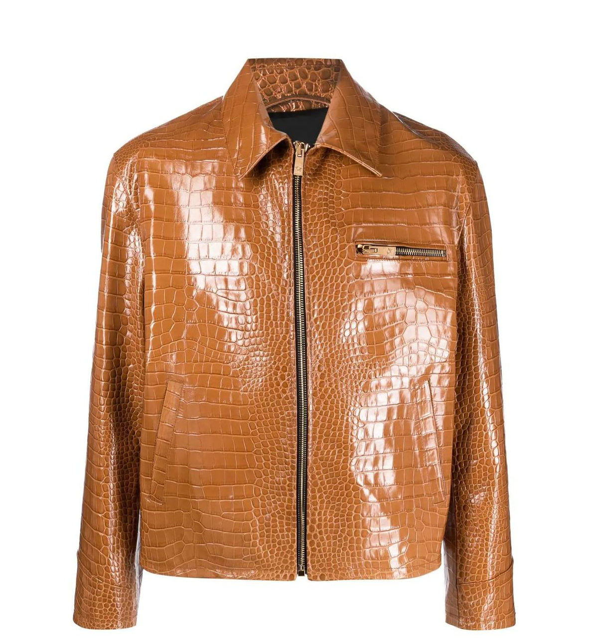 Wholesale Price Sheep Skin Leather Brown Color Embossed Crocodile Skin  Print Zipper Jacket for Men Shinning Collar Jackets