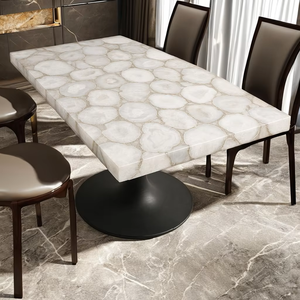 Mesa de Comedor o Conferencia de Lujo con Cubierta de Cuarzo Blanco Natural |   Gema Semipreciosa Pulida Artesanal con Diseño de Cruz, Duradera - Product Image 4