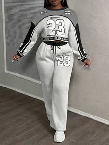 Conjunto Deportivo de 2 Piezas para Mujer, Talla Grande, Informal, con Estampado de Letras, Estilo Urbano, Transpirable, Ligero, Corte Regular, Diseño Invernal - Product Image 5