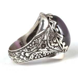 925 Sterling Silver Men's <b>Adjustable</b> <b>Ring</b> Handcrafted Engraving with Round Teardrop Amethyst Stone Bezel Setting Gift - Product Image 3