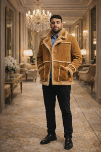 Abrigo de Piel de Oveja Genuina para Hombre |   Chaqueta de Cuero Genuino con Forro de Piel Natural |   Abrigo de Aviador de Invierno de Lujo OEM ODM - Product Image 3