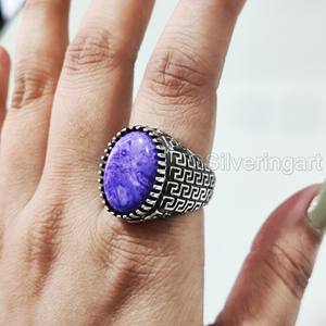 Anillo de Plata de Ley 925 para hombre, piedra preciosa de charoita natural, anillo de todos los tamaños, regalo de cumpleaños árabe, joyería - Product Image 3