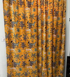 Rideau en velours style vintage jaune moutarde imprimé jungle, draperies de décoration intérieure en coton de luxe, velours de coton style vintage - Product Image 4