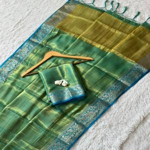 VASTRA COTTAGE Soft Space Silk <b>Saree</b> with Pure Zari Weaving Rich Zari Border and Pallu with Running Blouse in Elegant Shades - Product Image 1