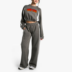 New arrived 2026 100% cotton <b>women's</b> 2 piece set custom screen printed logo cropped hoodie & <b>trouser</b> with side panals ladies set - Product Image 6