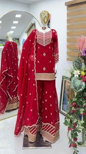 Nuevo Conjunto de Top, Pantalón Palazzo y Dupatta para Mujer, Diseño de Fox Georgette con Bordado y Lentejuelas, Reversible, de Secado Rápido, Ideal para Bodas, Diwali y Fiestas - Product Image 4