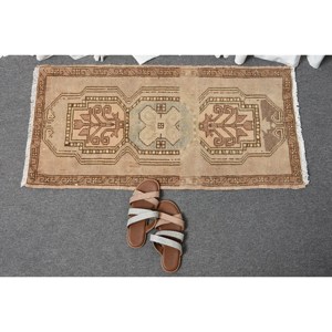 Tapis Vintage en Laine Turque 1.6X3.2 pieds Marron Beige Patchwork Design Grand Rectangle Latex pour Couloir Chambre Chevet Décor - Product Image 5