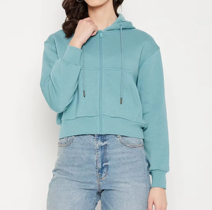 Sweat à capuche zippé décontracté pour femme Sweat à capuche à manches longues de couleur unie - Product Image 1