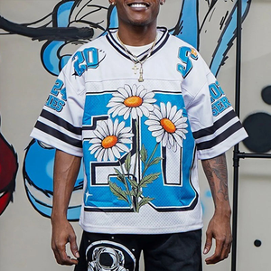 Maillot de football streetwear pour hommes en gros, T-shirt court personnalisé Tontons à col en V en maille brodée - Product Image 3