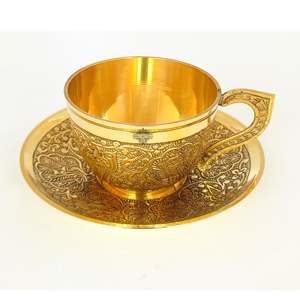 Juego de Taza y Platillo de Latón Puro con Diseño Oriental Clásico de Indian Art Villa, 150 ml, para Té y Café, Capacidad de Servicio 200 ml - Product Image 6