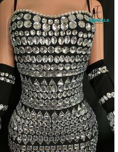 Summer Luxury <b>Vintage</b> Velvet Rhinestone & Crystal Embellished Empire Waist Bodycon <b>Mini</b> Dress with Half Sleeves silver sequin dr - Product Image 2
