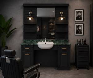 from factory Black Wood Salon Vanity <b>Set</b> With Mirror Sink Cabinet Multiple Storage Space Industrial Design For <b>Barber</b> - Product Image 1