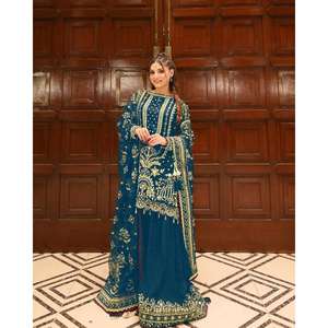 ชุดเดรสงานเลี้ยงดีไซเนอร์ ผ้าจอร์เจียต์เทียมเนื้อหนา พร้อมกางเกงทรงพาลาซโซและผ้าคลุมไหล่ สำหรับผู้หญิง ลุคหรูหราสำหรับงานเทศกาลและงานแต่งงาน สไตล์พรีเมียมแบบดั้งเดิม - Product Image 5